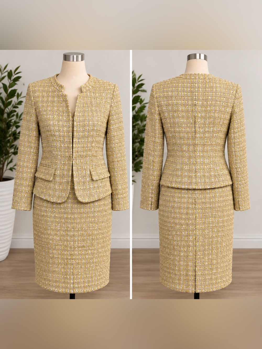 Calvin Klein Women’s Tweed 2-Piece Skirt Suit Size 8 Yellow Beige Metallic